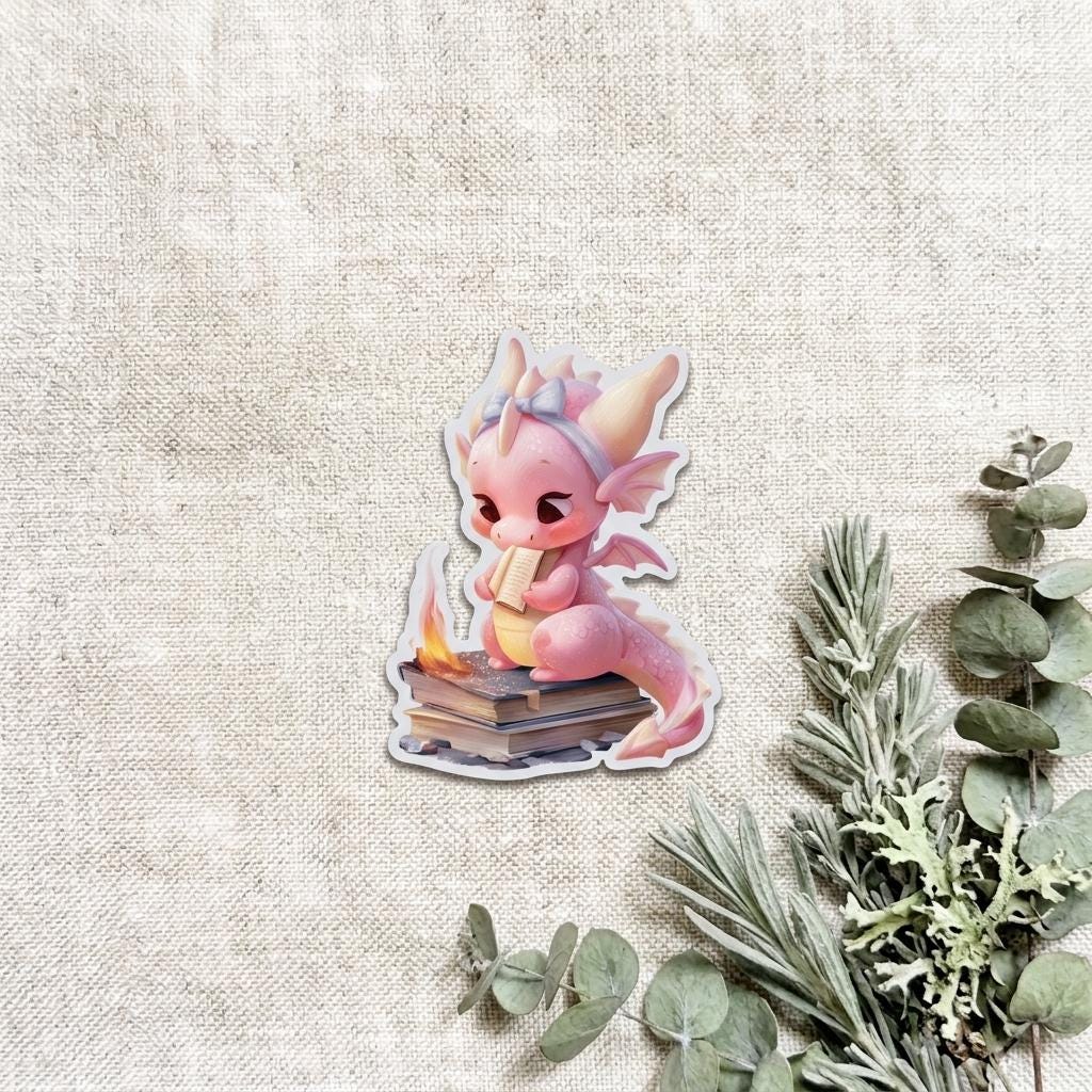 A single die-cut sticker of a cute pink baby dragon reading on a stack of books beside a small flame, shown on a linen background with sprigs of eucalyptus, rosemary, and greenery arranged beside it. __etsy:8181784601
