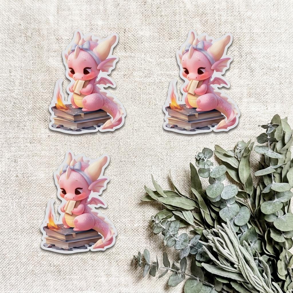 Three identical pink baby dragon die-cut stickers arranged on a linen background, each reading on a stack of books beside a small flame, with a bundle of eucalyptus and dried greenery resting beside them. __etsy:8181787563