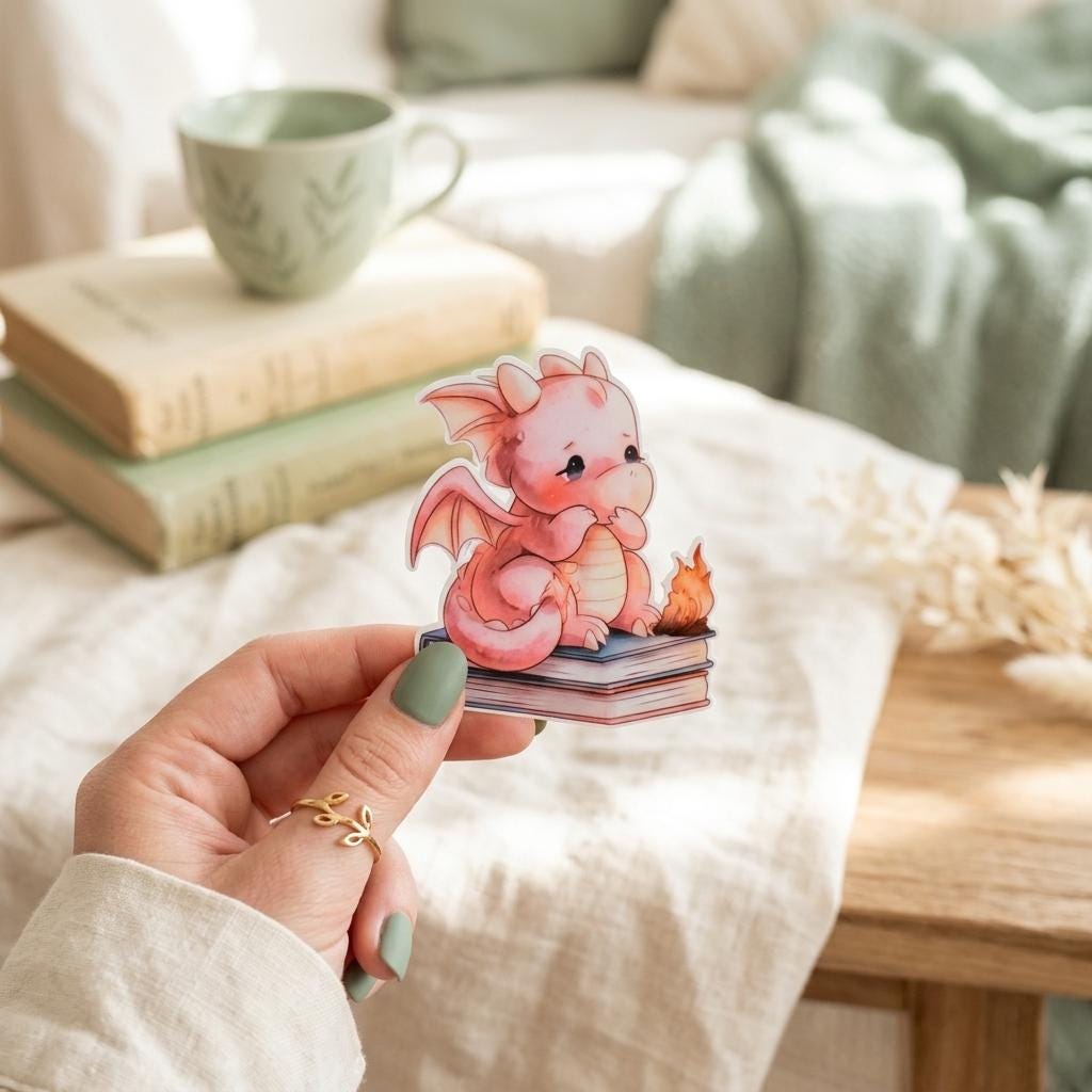 A hand with sage green nail polish holds a kawaii pink baby dragon sticker perched on a stack of books, with a green mug and vintage books softly blurred in the background. __etsy:8133886634