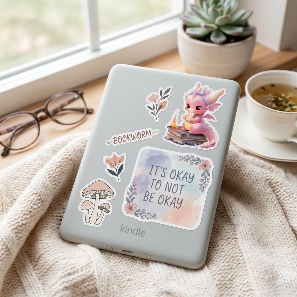 A Kindle e-reader resting on a knit blanket by a window, decorated with stickers including a pink bookworm dragon reading on books, mushrooms, flowers, and an 'It's okay to not be okay' quote. Reading glasses, a succulent, and a cup of tea sit nearby. __etsy:8181784455