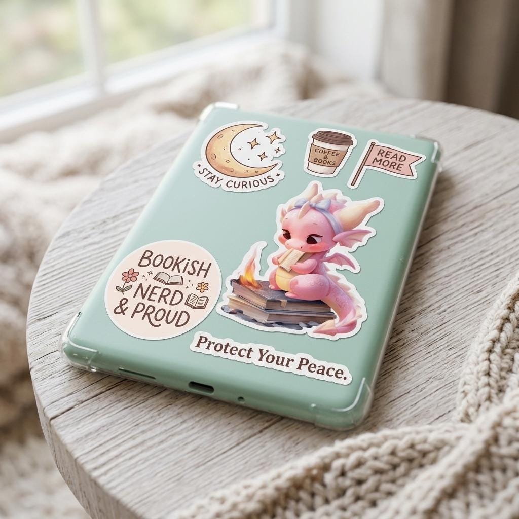 A sage green tablet case on a wooden stool decorated with bookish stickers, including a pink dragon, a 'Bookish Nerd & Proud' badge, a 'Stay Curious' crescent moon, 'Coffee & Books', 'Read More', and 'Protect Your Peace' designs. __etsy:8181784453