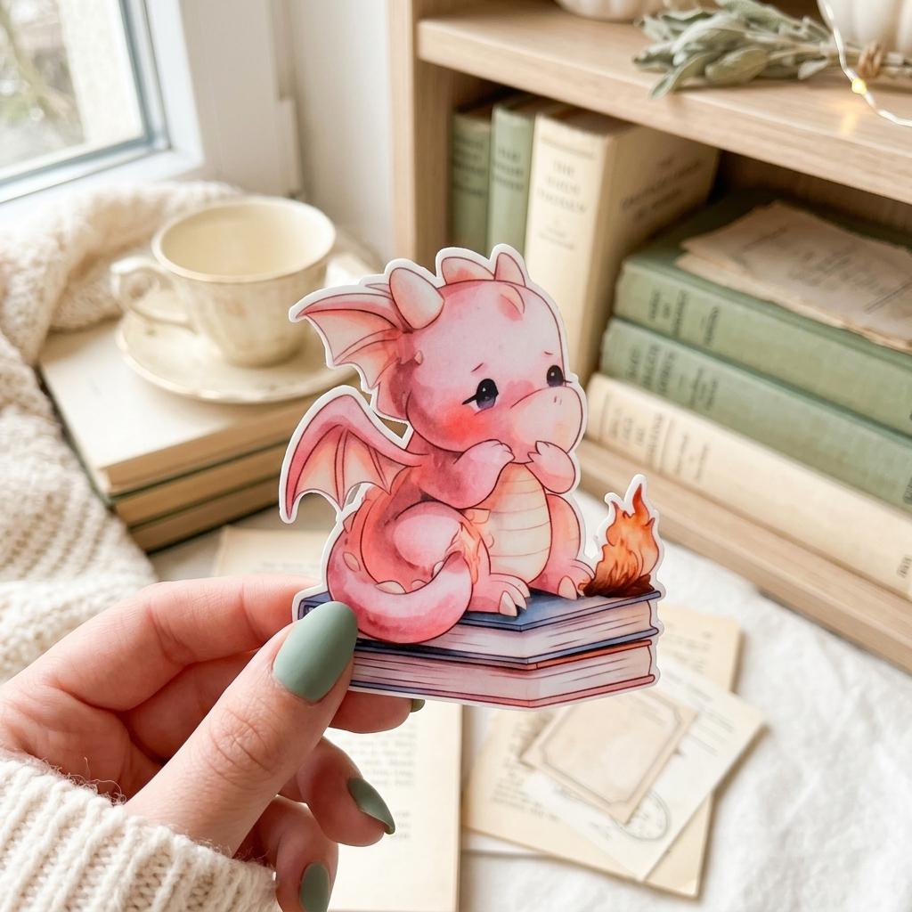 A hand with sage green nails holds a die-cut sticker of a cute pink baby dragon sitting on a stack of books beside a small flame, with vintage green books, a teacup, dried sage, and string lights in the background. __etsy:8133886648