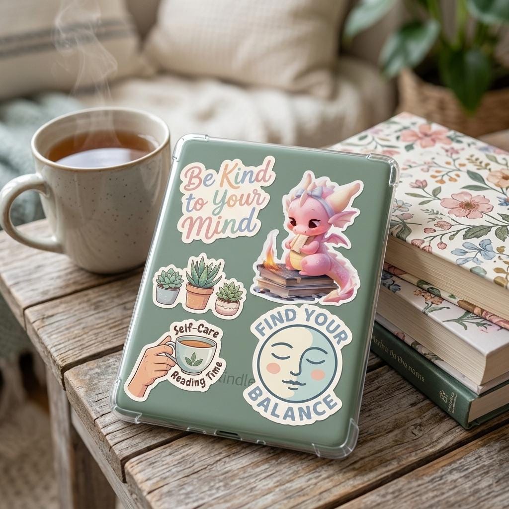 A sage green tablet case propped on a wooden table next to a steaming mug of tea, covered in self-care stickers including 'Be Kind to Your Mind', a pink dragon, potted succulents, a 'Self-Care Reading Time' hand, and a 'Find Your Balance' moon face. Floral books rest in the background. __etsy:8133886652