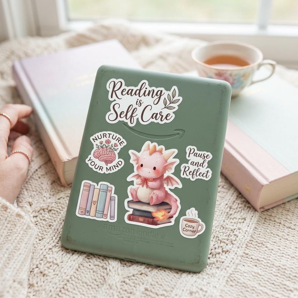 A hand holds a sage green tablet case decorated with bookish self-care stickers, including 'Reading is Self Care', 'Nurture Your Mind', 'Pause and Reflect', a pink dragon sitting on books, a row of pastel books, and a 'Cozy Corner' mug. A teacup and book sit softly blurred behind it. __etsy:8181784513
