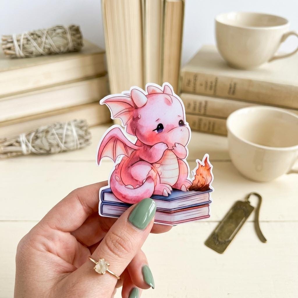 A hand with sage green nails holds a die-cut sticker of a cute pink baby dragon sitting on a stack of books beside a small flame, with white vintage books, a sage smudge stick, cream mugs, and a brass bookmark arranged in the background. __etsy:8133886642