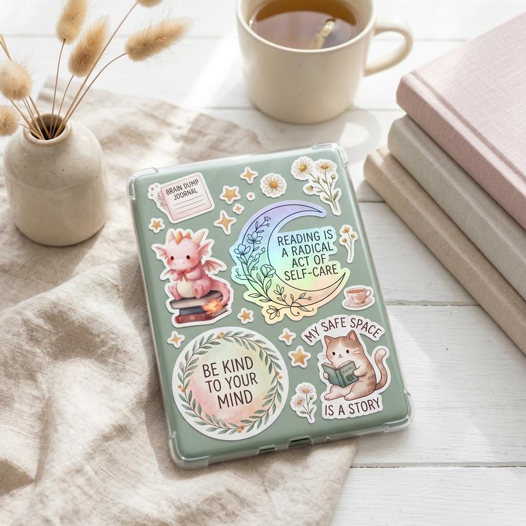 A sage green tablet case on linen fabric covered in cozy stickers, including a pink dragon, 'Reading is a Radical Act of Self-Care' with a moon, 'Be Kind to Your Mind', 'My Safe Space is a Story' with a reading cat, and a 'Brain Dump Journal' tab. A vase of dried grasses, a mug of tea, and pink books sit nearby. __etsy:8133886772