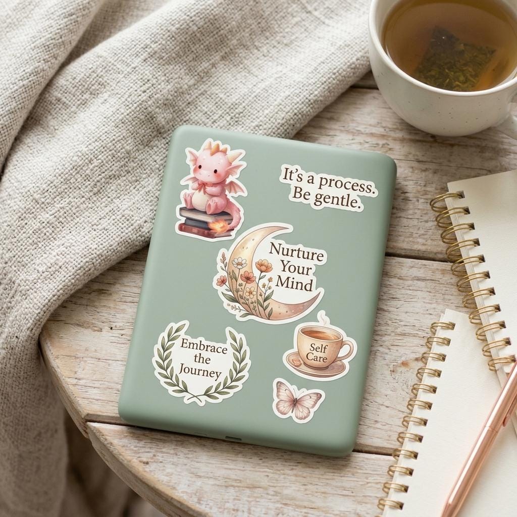 A sage green tablet case on a wooden table beside a spiral notebook and a mug of tea, decorated with gentle stickers including a pink dragon on books, 'It's a process. Be gentle.', 'Nurture Your Mind' with a floral moon, 'Embrace the Journey', 'Self Care' with a mug, and a butterfly. __etsy:8181784539