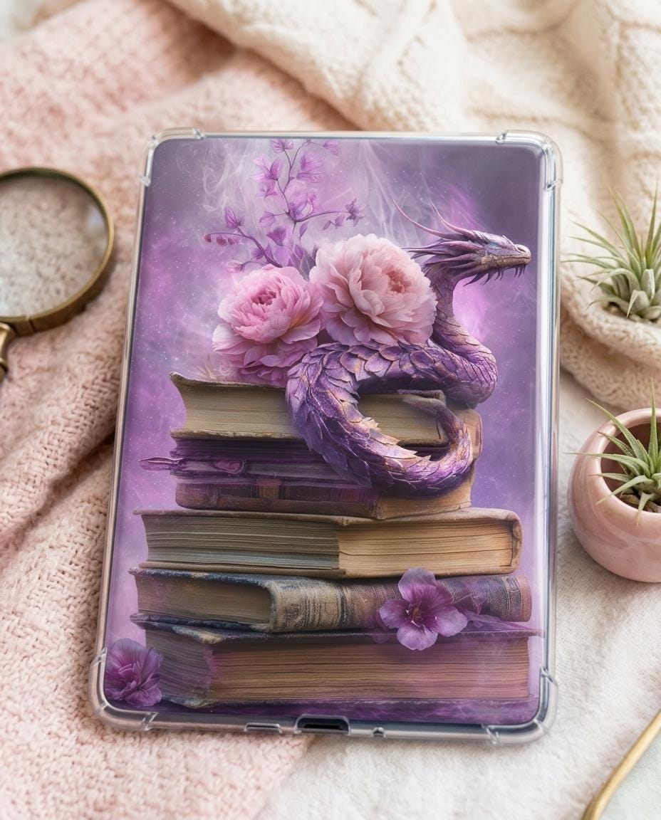 Purple Dragon on Books Kindle Insert | Romantasy Bookish Wallpaper Multi-Size Pack __etsy:8013559478