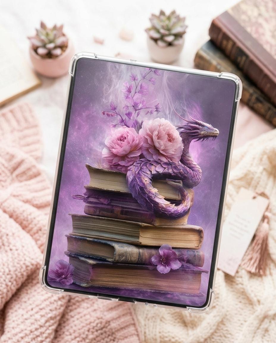 Purple Dragon on Books Kindle Insert | Romantasy Bookish Wallpaper Multi-Size Pack __etsy:8061468869
