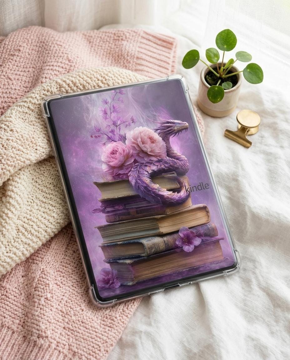 Purple Dragon on Books Kindle Insert | Romantasy Bookish Wallpaper Multi-Size Pack __etsy:8061469281
