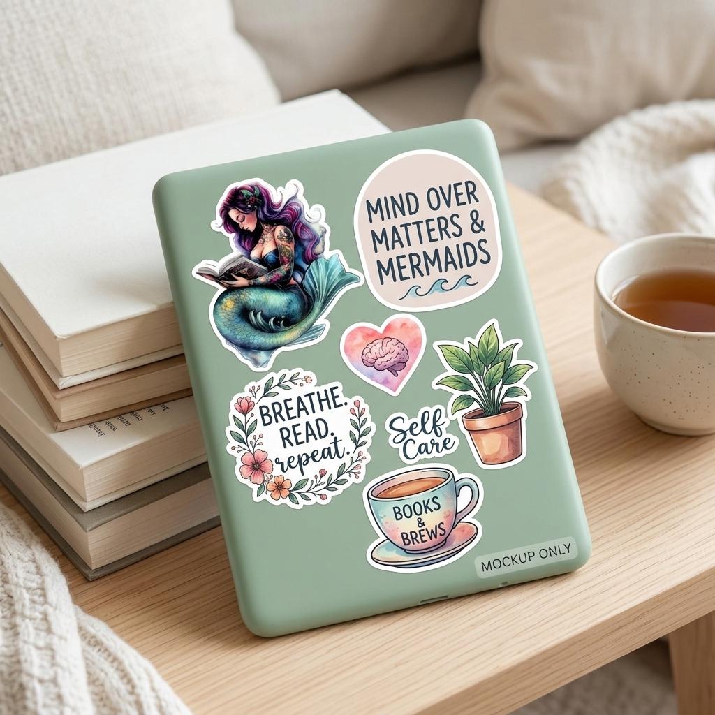 A sage-green journal decorated with mermaid and bookish stickers, including a reading mermaid and phrases like Mind Over Matters and Mermaids, Breathe Read Repeat, Self Care, and Books and Brews. It rests on a stack of books beside a cup of tea. __etsy:8134177000