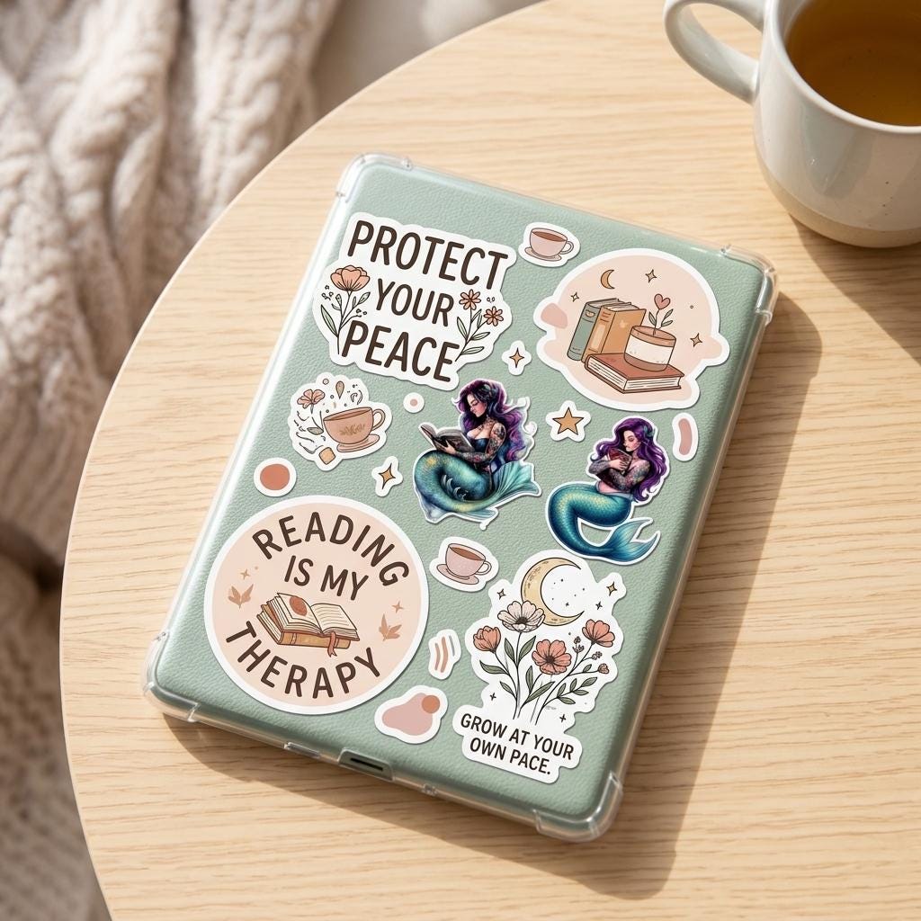 A sage-green journal on a wooden table with a knit blanket and a coffee mug, covered in mermaid and bookish stickers with phrases such as Protect Your Peace, Reading is My Therapy, and Grow at Your Own Pace. __etsy:8134177002