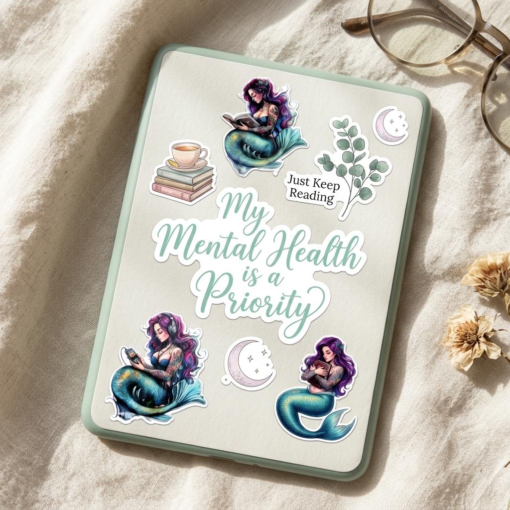 A sage-green tablet case on a linen surface with reading glasses and dried flowers, decorated with mermaid and bookish stickers including phrases like My Mental Health is a Priority and Just Keep Reading. __etsy:8182077003