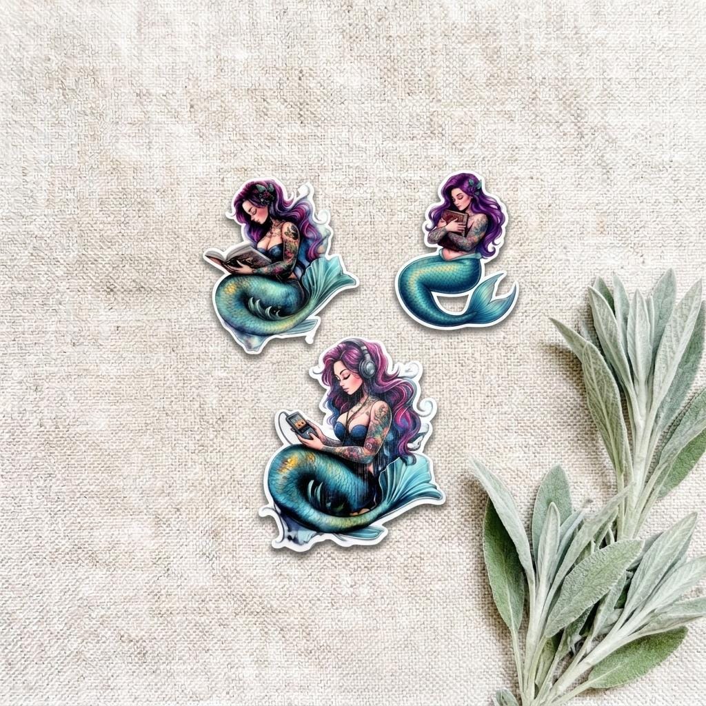 Three die-cut mermaid stickers arranged on a cream linen background with a sprig of green sage leaves. Each mermaid has long purple hair and a teal tail, and is shown reading a book. __etsy:8182077819