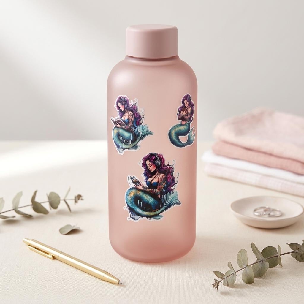 A frosted pink water bottle decorated with three purple-haired mermaid stickers with teal tails. The bottle stands on a light surface beside eucalyptus sprigs, a gold pen, a folded pink towel, and a small dish. __etsy:7990891098