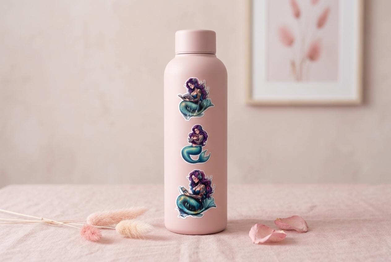 A pink water bottle with three purple-haired mermaid stickers arranged vertically down its side. The bottle stands on a light surface in front of a framed botanical print in soft pink tones. __etsy:8038828191