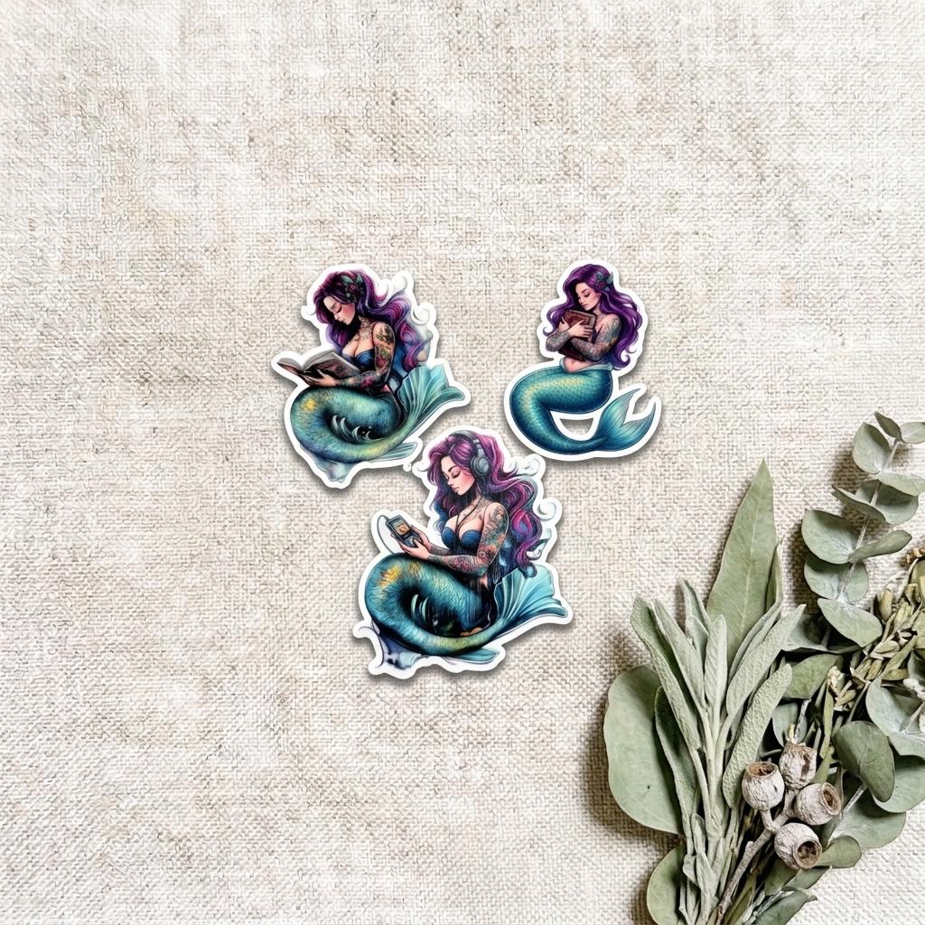 Three die-cut mermaid stickers with purple hair and teal tails, arranged on a cream linen background beside a sprig of eucalyptus leaves. Each mermaid is shown reading a book. __etsy:8182077811