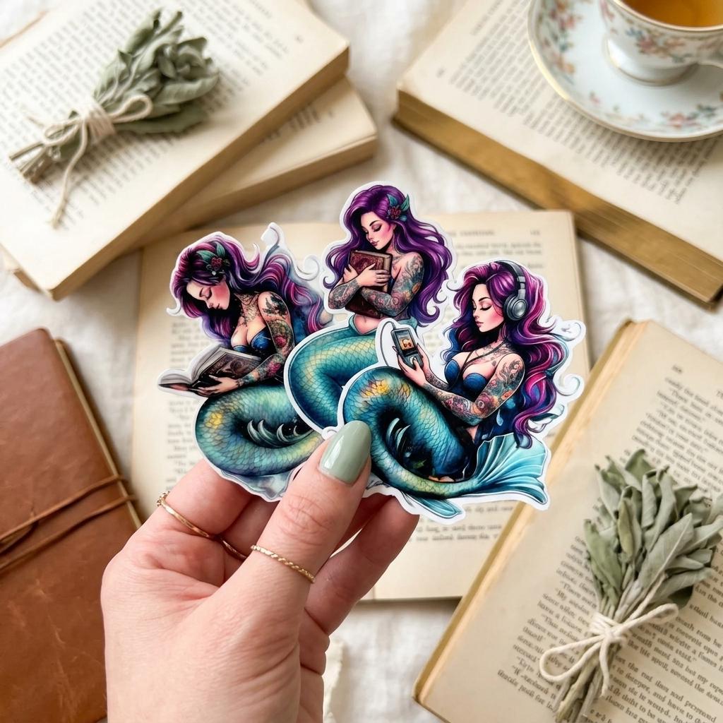 A hand holds a cluster of three mermaid stickers featuring purple-haired mermaids with teal tails, one wearing headphones. They are shown against open vintage books, a bundle of dried sage, and a floral teacup. __etsy:8182075425