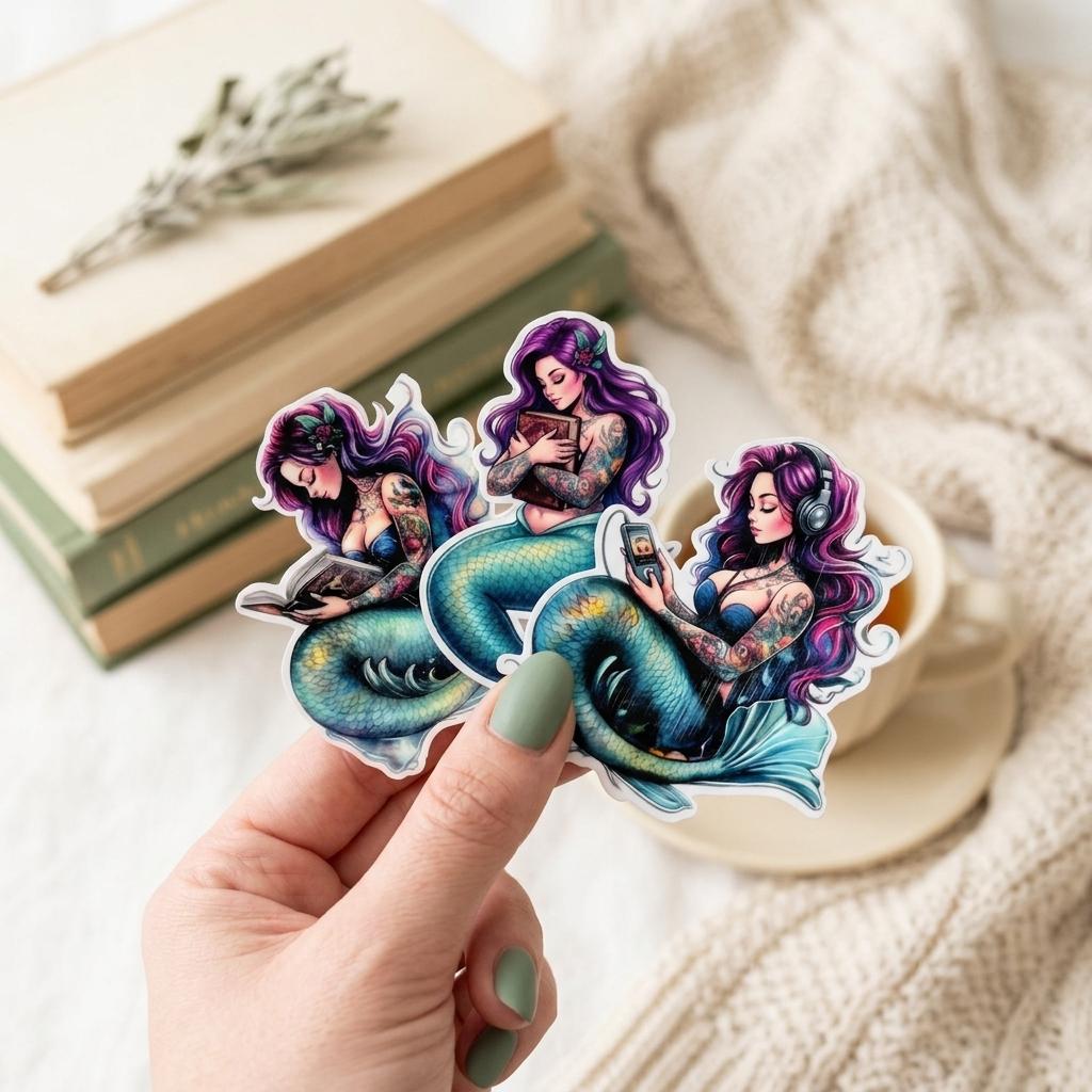 A hand holds a cluster of three purple-haired mermaid stickers with teal tails, one wearing headphones. They are displayed in front of a stack of books, a cream knit blanket, and a sprig of sage. __etsy:8182075639