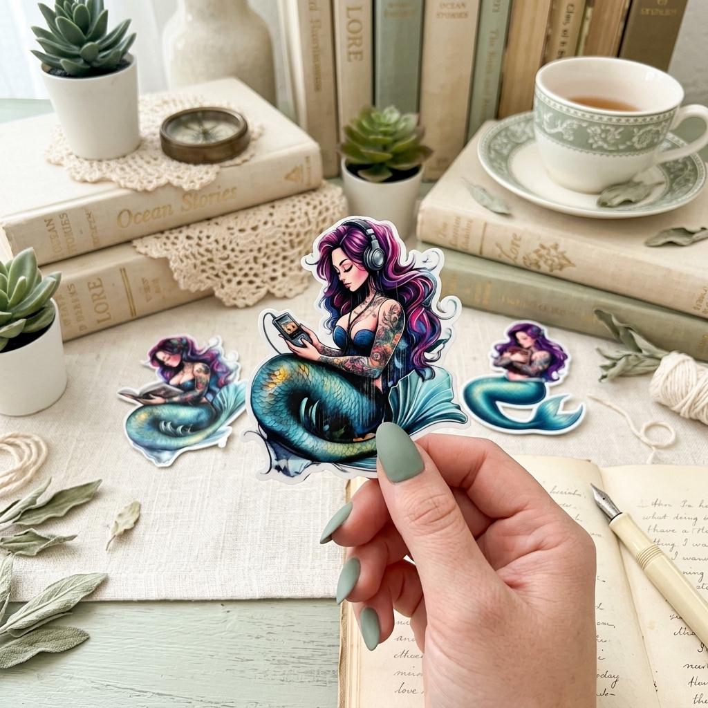 A hand holds a mermaid sticker with purple hair, headphones, and a teal tail, alongside two smaller mermaid stickers. The cozy scene includes stacked books, succulents, a teacup, a compass, twine, and a fountain pen. __etsy:8182075651