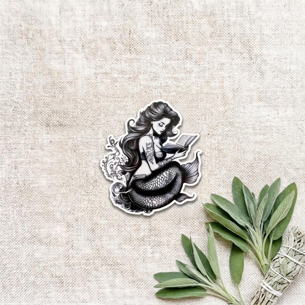 Black and white tattooed mermaid siren reading a book vinyl sticker displayed on a natural linen background beside a bundle of dried sage. __etsy:8133946268