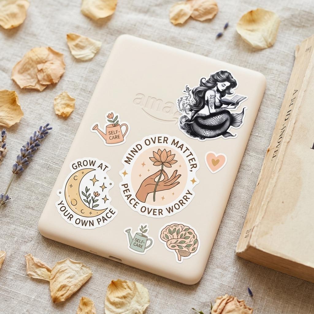 E-reader decorated with the tattooed mermaid sticker and assorted self-care stickers, surrounded by dried flower petals and lavender on a linen surface. __etsy:8133944054
