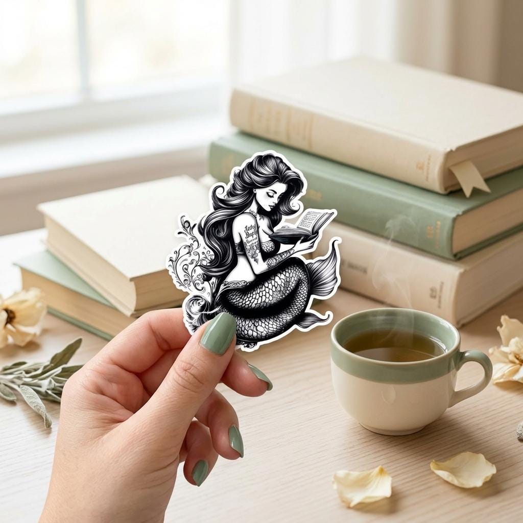 Hand with sage-green nails holding the black and white tattooed mermaid reading sticker beside a cup of tea and a stack of vintage books. __etsy:8133944050