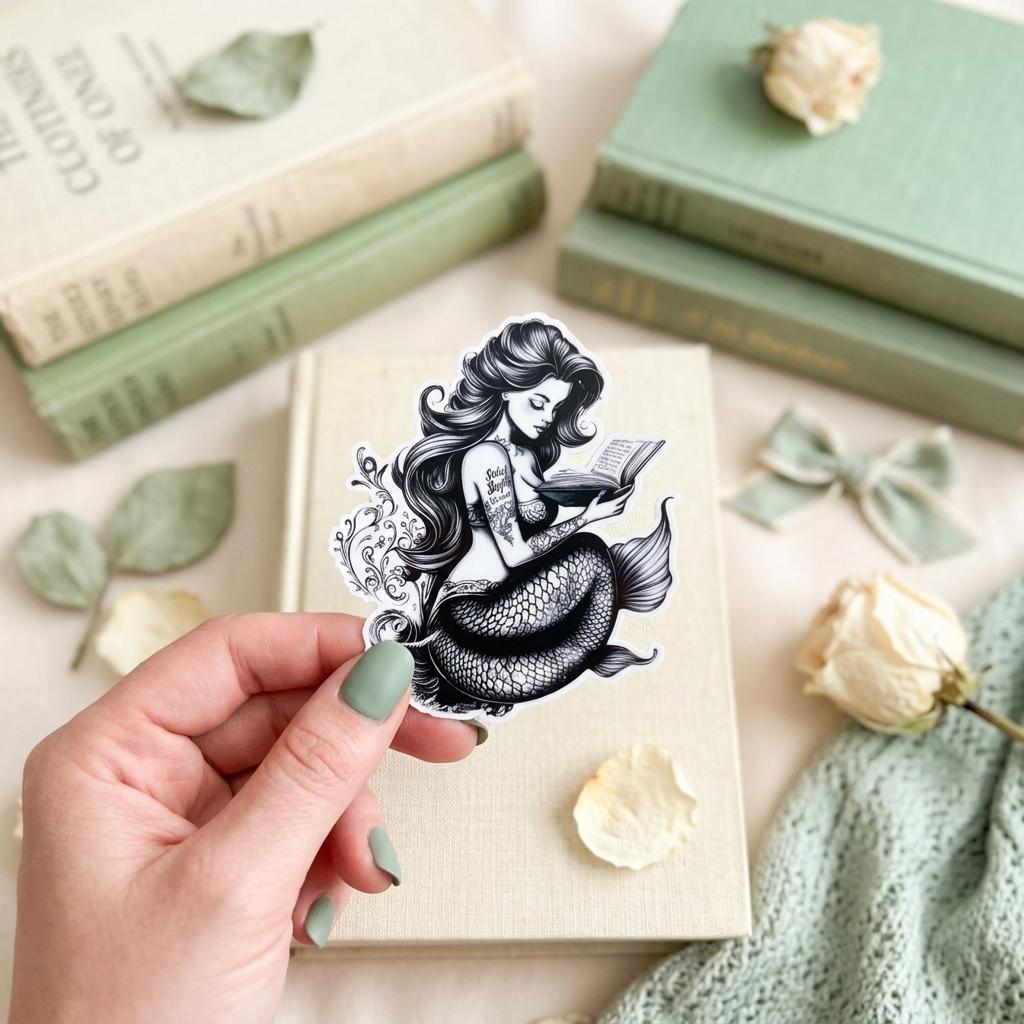Hand holding the tattooed mermaid reading sticker against a cream book, styled with sage-green vintage books, a ribbon bow, and pale roses. __etsy:8181842223