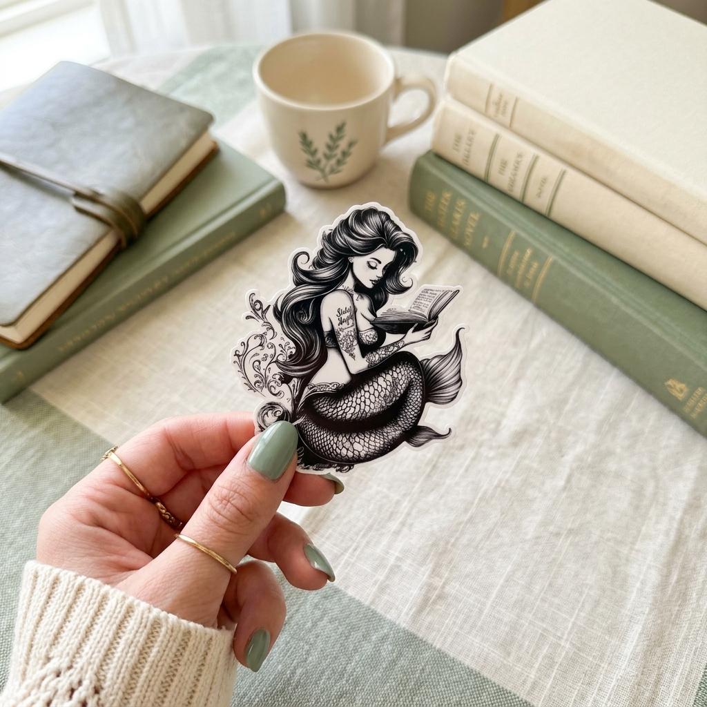 Hand wearing gold rings and a cream knit sweater holding the tattooed mermaid reading sticker over sage-green books, a journal, and a cup of tea. __etsy:8181842229