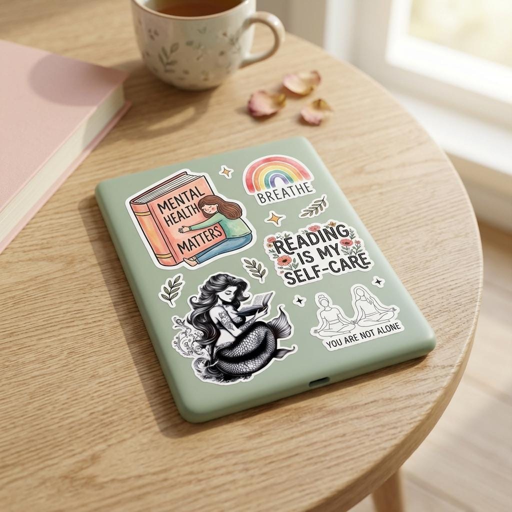 Sage-green e-reader case covered in reading and mental-health themed stickers including the mermaid sticker, resting on a wooden table with a mug and a pink book. __etsy:8181842221