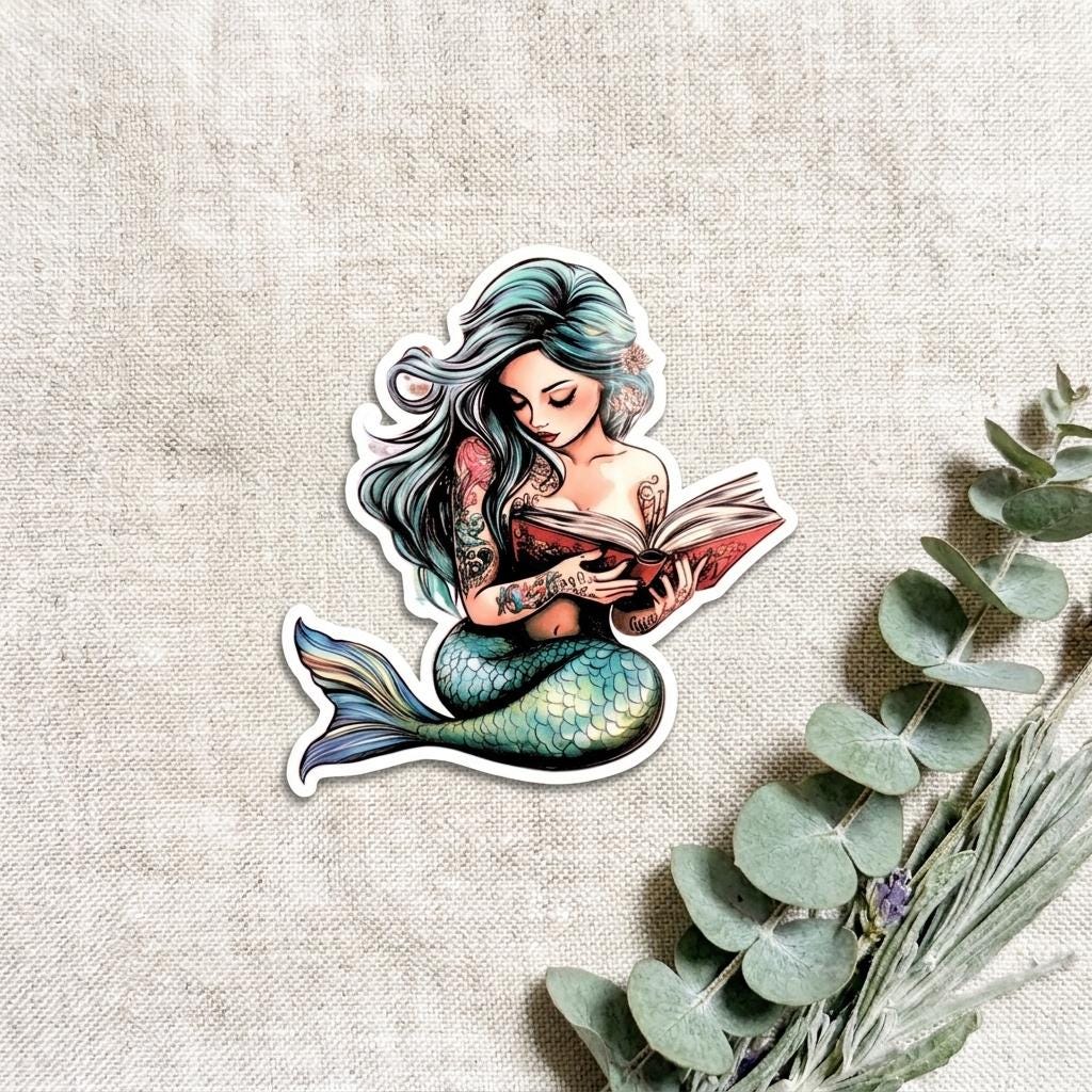 Colorful mermaid reading a book vinyl sticker with teal hair, vibrant tattoos, and a green and gold tail, displayed on a linen background beside a eucalyptus sprig. __etsy:8133945400