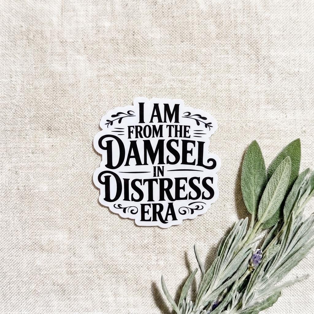 I am from the damsel in Distress ERA sticker on a cream cloth and sage plant on the side. __etsy:8181734233