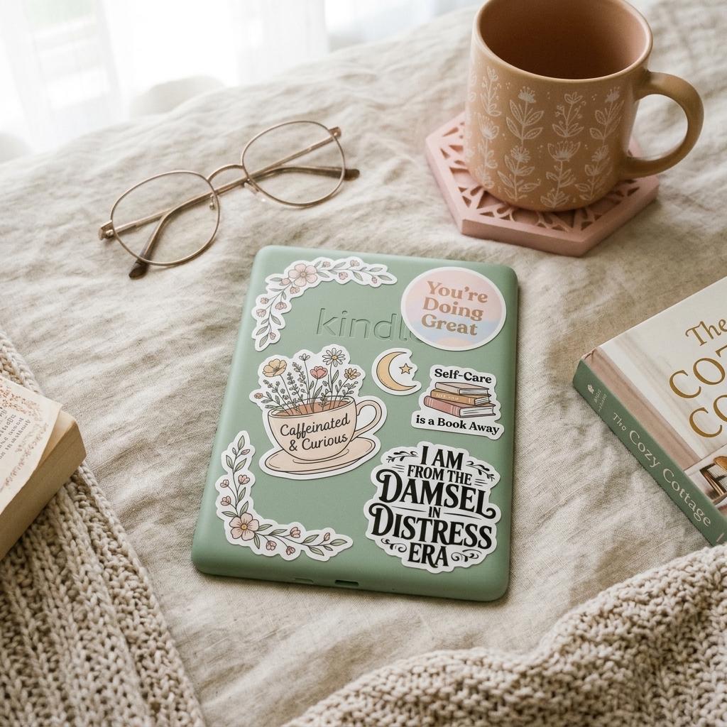 I am from the damsel in Distress ERA sticker the back of a green kindle with other stickers, a cup of coffee and glasses in the background __etsy:8133836574