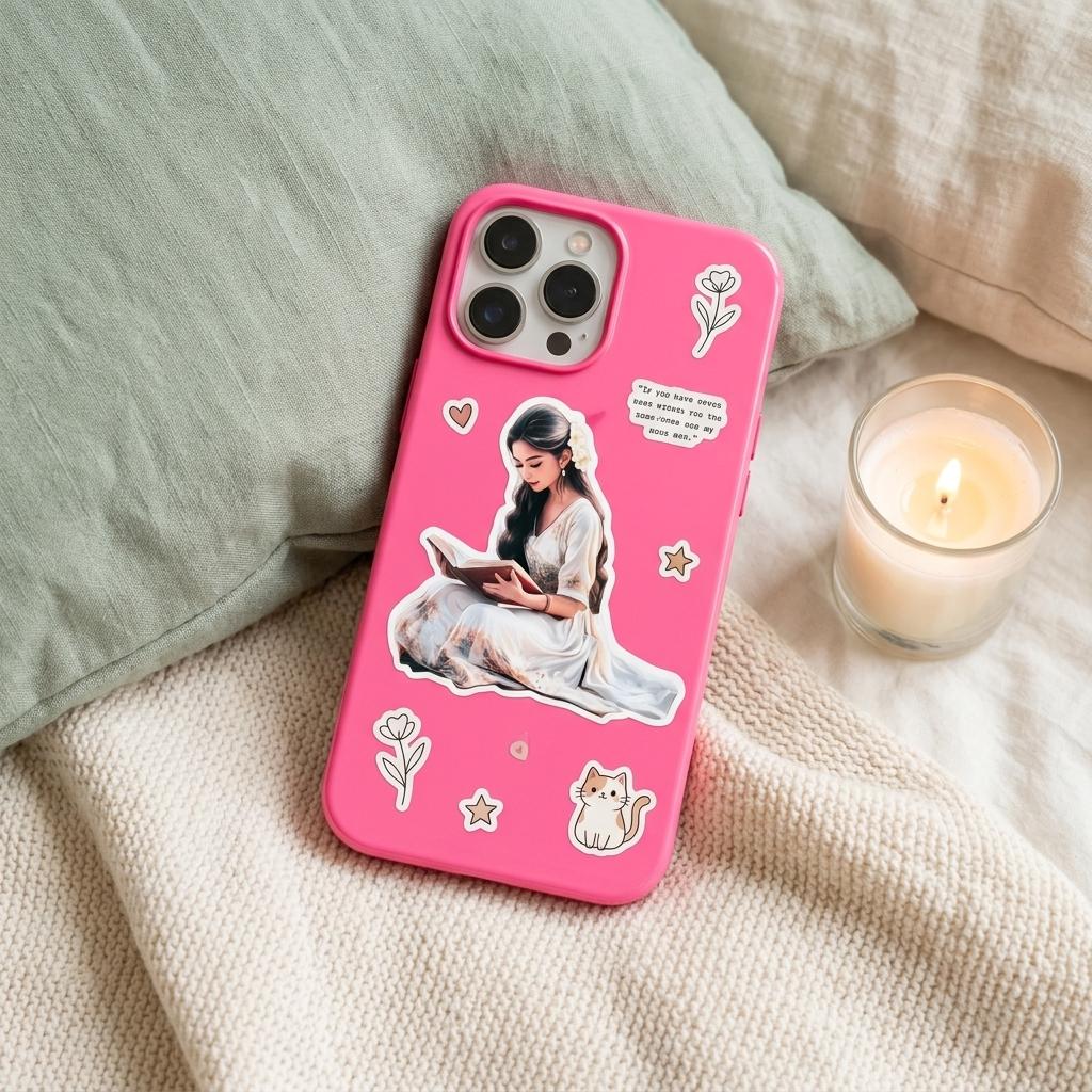 Hot pink phone case featuring the romantic reading woman sticker alongside tulip, heart, star and cute cat stickers, displayed on a bed beside a lit candle. __etsy:8182155747