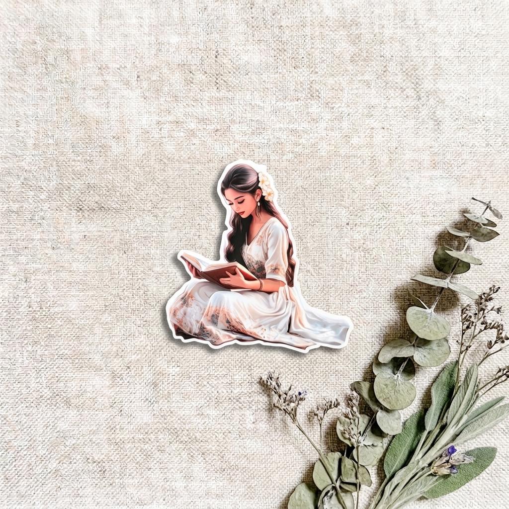 Romantic reading woman vinyl sticker showing a woman in a flowing white dress seated and reading an open book, arranged on a natural linen background with dried eucalyptus and floral sprigs. __etsy:8134253392