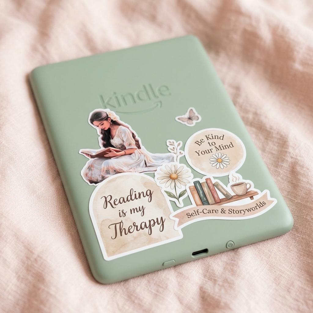 Sage green Kindle e-reader decorated with the romantic reading woman sticker plus a 'Reading is my Therapy' banner, a 'Be Kind to Your Mind' sticker, a daisy and a bookshelf design, resting on soft pink linen. __etsy:8134253170