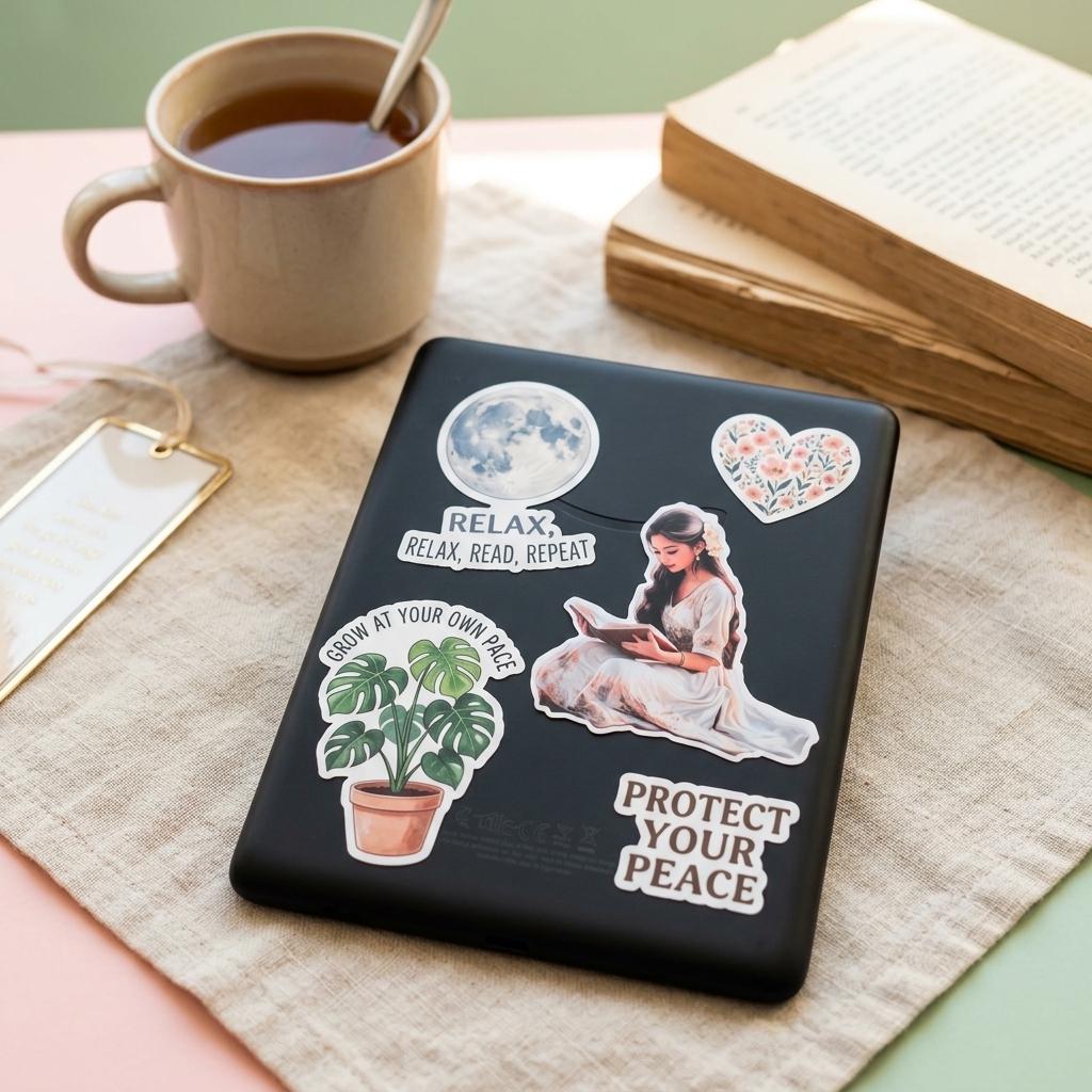 Black tablet e-reader covered with the romantic reading woman sticker and bookish stickers including a moon, a monstera plant, a floral heart and quotes like 'Relax, Read, Repeat' and 'Protect Your Peace', styled beside a mug of tea and an open vintage book. __etsy:8134253174