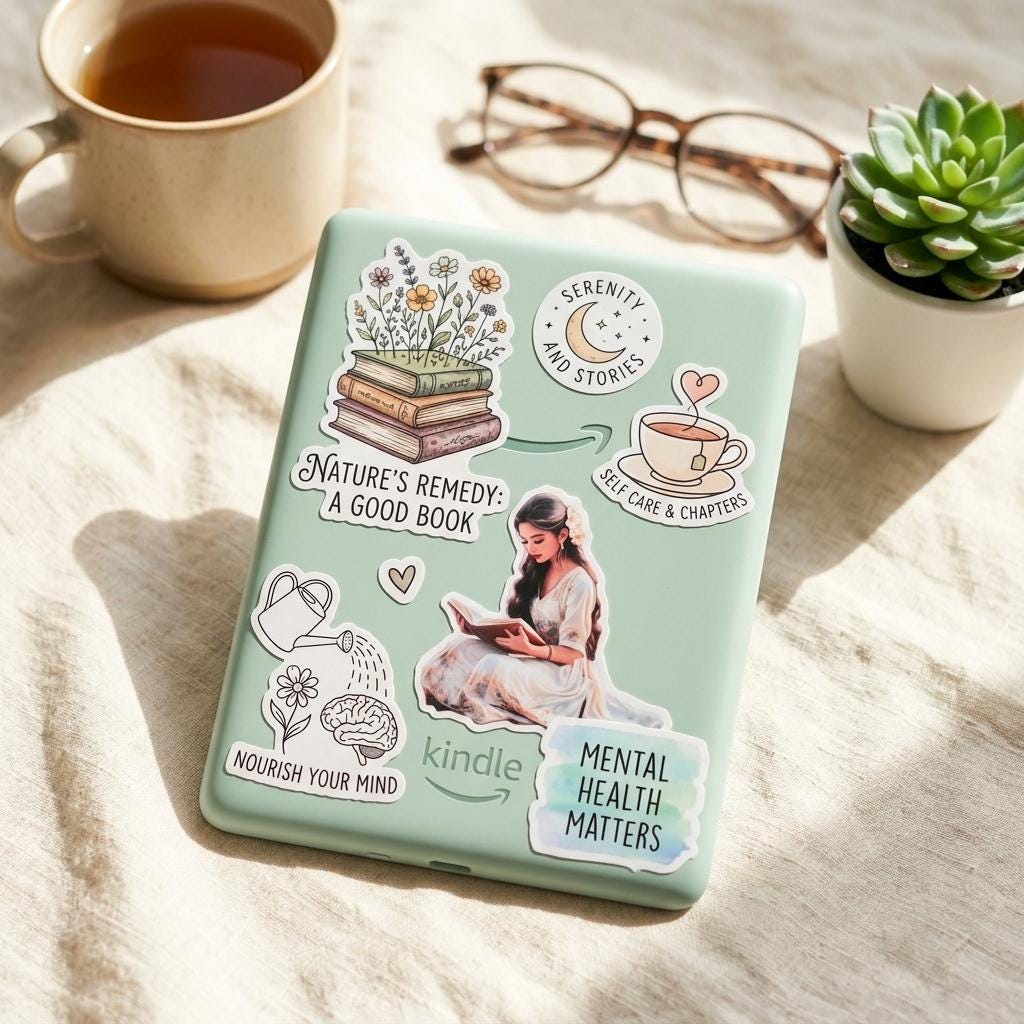 Mint green Kindle e-reader decorated with the romantic reading woman sticker and wellness book-themed stickers such as 'Nature's Remedy: A Good Book', 'Serenity and Stories', 'Nourish Your Mind' and 'Mental Health Matters', styled with a mug of tea, eyeglasses and a succulent. __etsy:8134253178