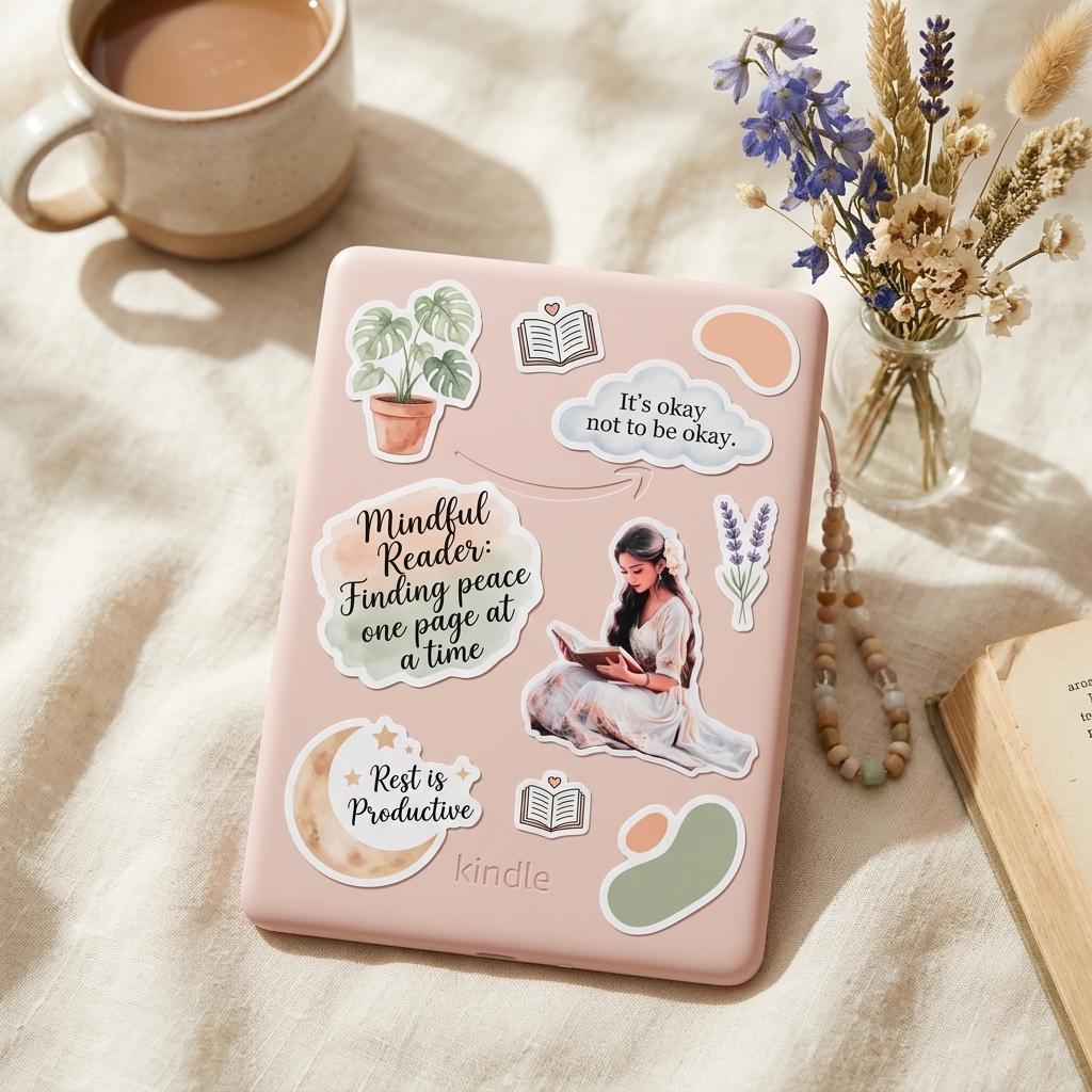Blush pink Kindle e-reader decorated with the romantic reading woman sticker and mindful book-themed stickers including 'Mindful Reader: Finding peace one page at a time', 'It's okay not to be okay' and 'Rest is Productive', plus a monstera and lavender, styled with a coffee mug and a vase of dried flowers. __etsy:8134253176