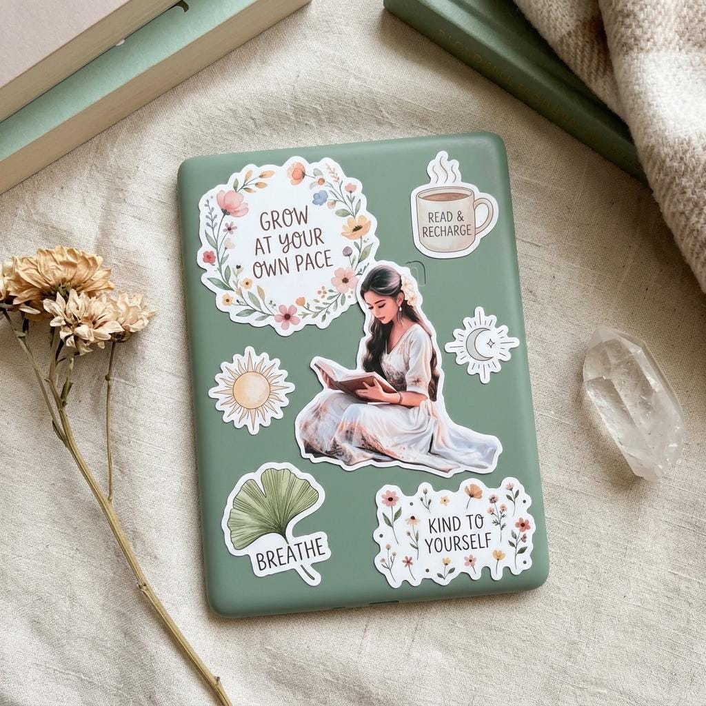 Sage green tablet e-reader decorated with the romantic reading woman sticker and floral self-care stickers such as 'Grow at Your Own Pace', 'Read & Recharge', 'Breathe' and 'Kind to Yourself', styled on linen with dried flowers and a clear quartz crystal. __etsy:8182154371