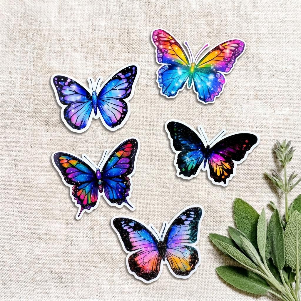 five butterflie stickers different translucent beautiful rainbow style coloring. pinks, blues, purples, reds, black, bright colors __etsy:8133903878