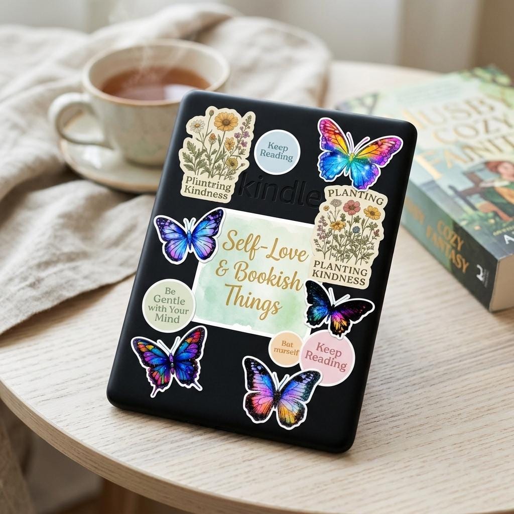 bright colored butterflies that are all different colors, pinks, blues, purples, on the back of a kindle laying in a desk with hot tea and a closed book __etsy:8181801697