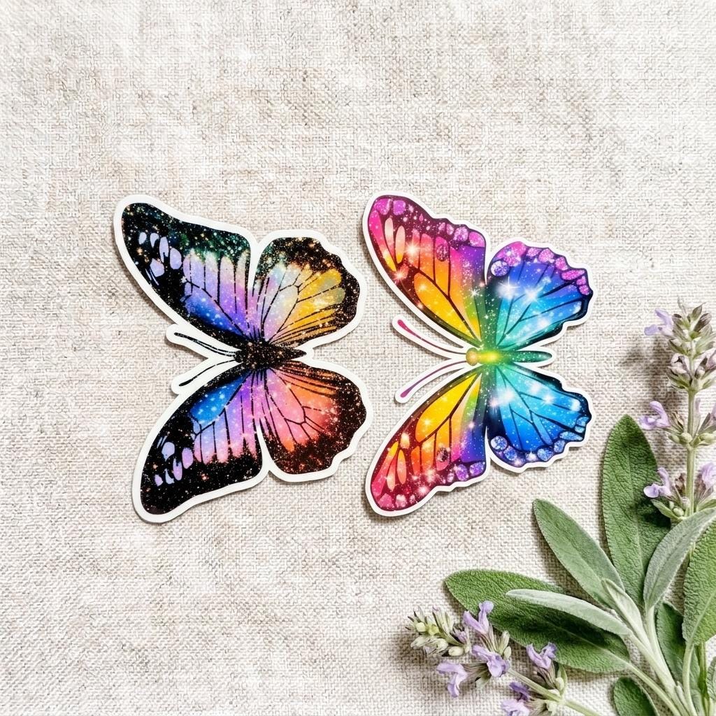 Two butterfly stickers on a cream colored cloth, blue, orange, yellow, pink, black, purples, sparkly, on a cloth with a sage plant. __etsy:8133903880