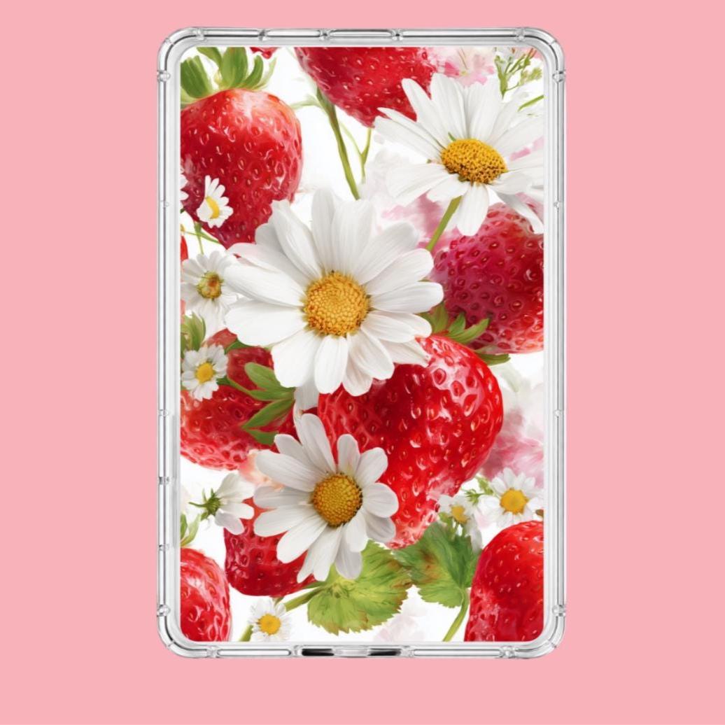 Strawberry and daisy kindle insert with red berries and white flowers shown inside clear kindle case on open book __etsy:7807810999