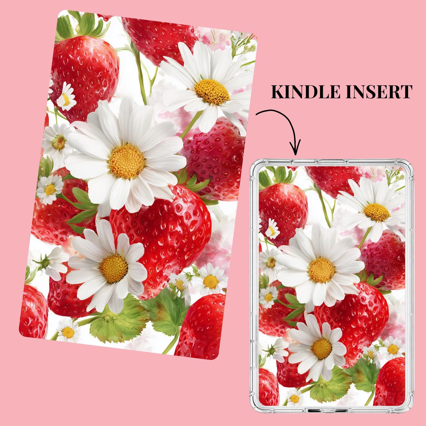 Close-up of strawberry and daisy pattern with vibrant red berries and white daisies __etsy:7807809153