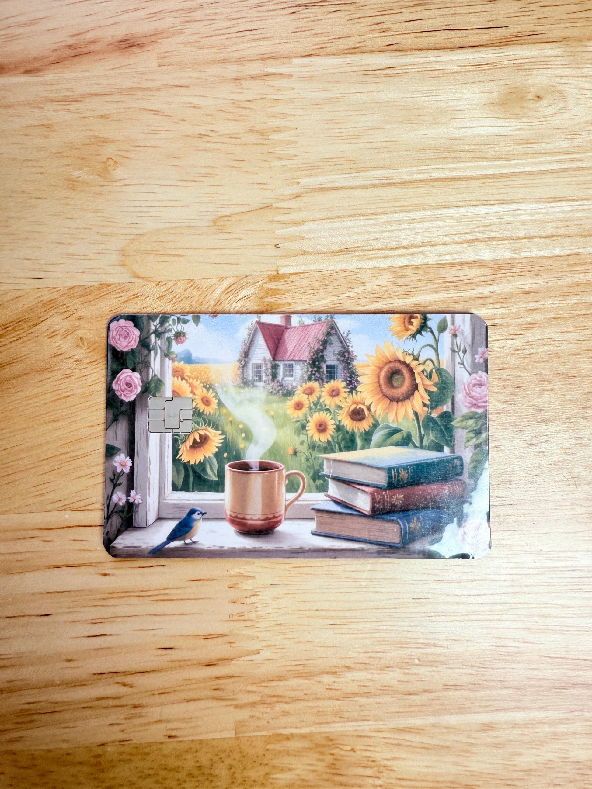 Sunflower Cottage Debit Card Skin: Bookish Coffee Window Vinyl Cover for Readers & Dreamers __etsy:6862687144