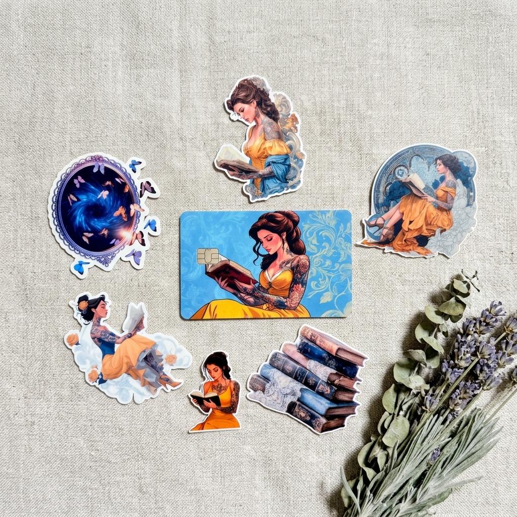 Flat lay of a tattooed book lover sticker bundle on linen, featuring vinyl decals of women reading books and a matching debit card skin with a tattooed woman in a yellow dress, styled with dried lavender. __etsy:8168558411