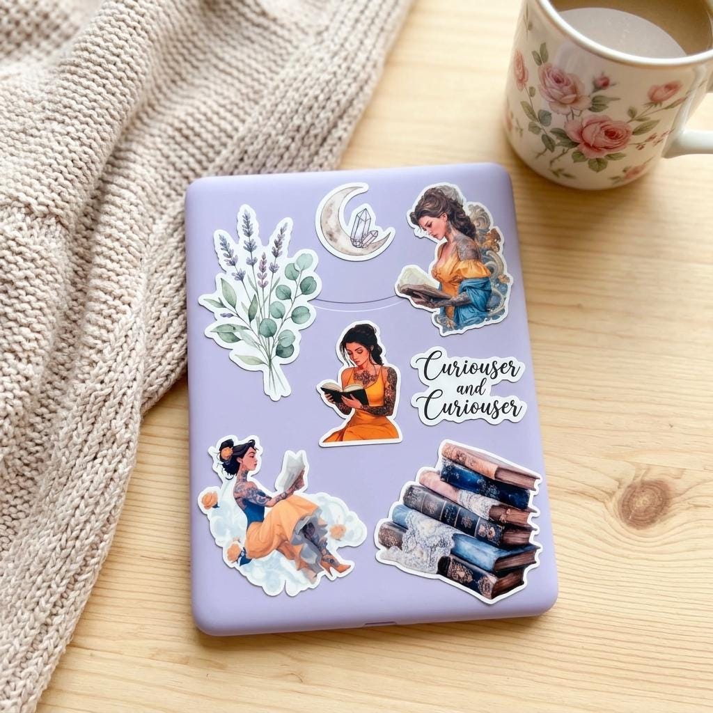Lavender e-reader decorated with book lover vinyl stickers, including tattooed women reading, a stack of books, botanical sprigs, and a "Curiouser and Curiouser" decal, styled beside a floral mug on a wooden table. __etsy:8168551827