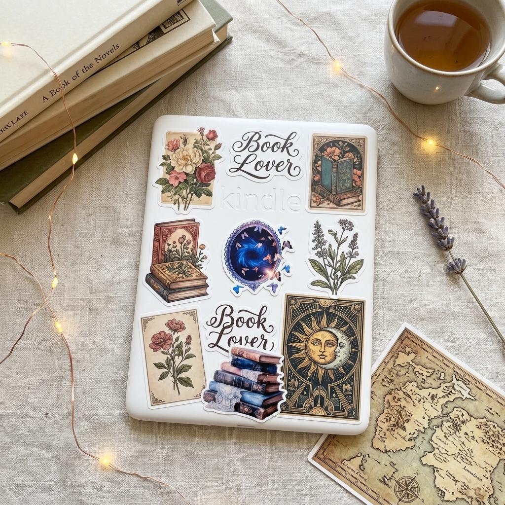 White Kindle covered in vintage book lover vinyl stickers, including floral "Book Lover" decals, antique books, a celestial sun, a galaxy sphere, and botanical art, styled with books, a coffee mug, fairy lights, lavender, and a map. __etsy:8168551849