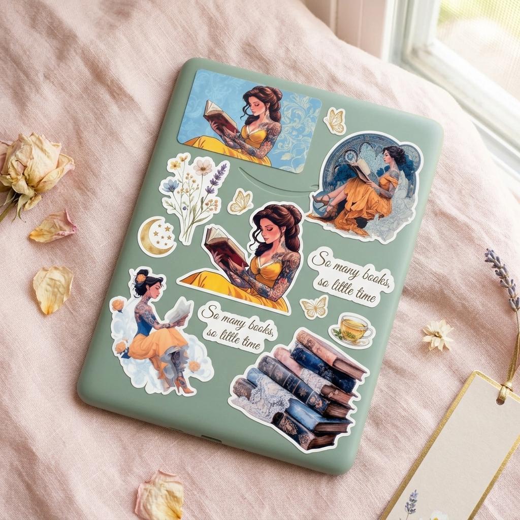Sage green e-reader covered in book lover vinyl stickers, including tattooed women reading, botanical sprigs, a teacup, butterflies, vintage books, and "So many books, so little time" decals, styled with dried roses and lavender by a window. __etsy:8120638626